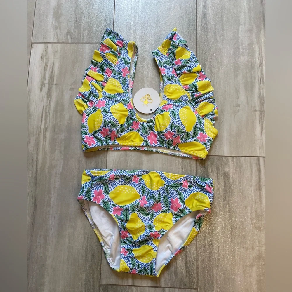 NWT Sugar Bee Colorful Lemon Floral Print Flutter 2-Piece Bikini, women’s S